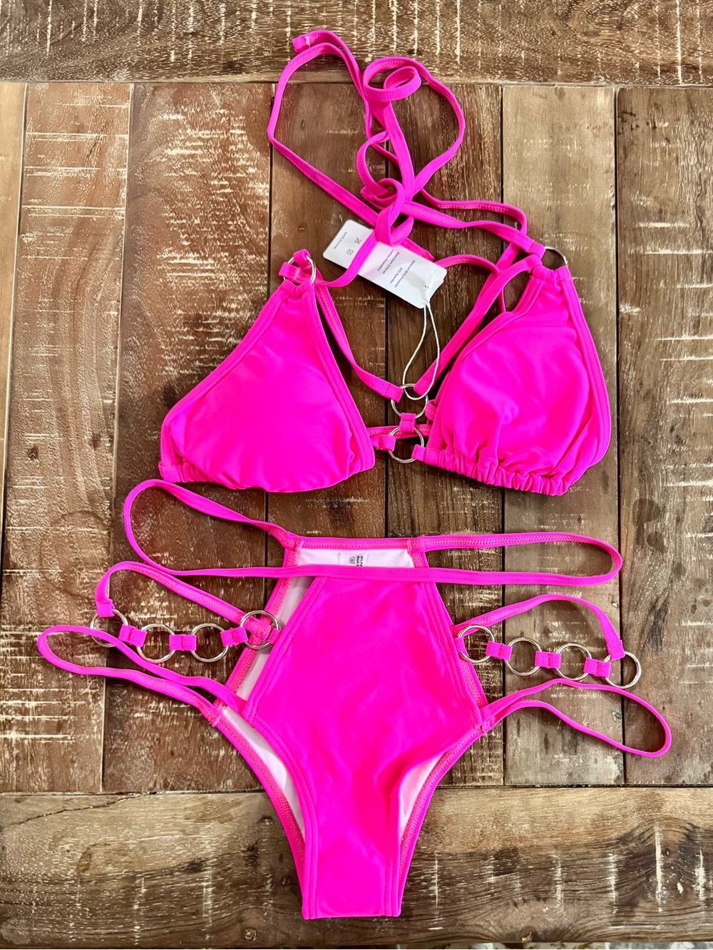NWT EJSOYO Neon Pink Ring Detail Bikini Set High Cut Medium